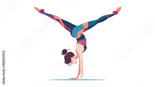 Colorful Athletic Woman Performing Handstand Pose in Dynamic Yoga Practice on White Background