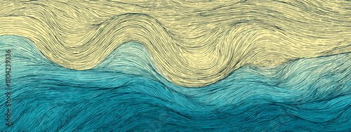 Dynamic Abstract Waves with Blue Water and Yellow Sky Creating a Bold Oceanic Scene
