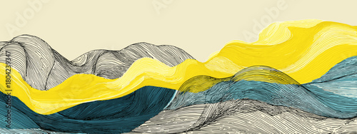 Dynamic Abstract Waves with Blue Water and Yellow Sky Creating a Bold Oceanic Scene