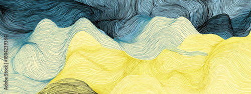 Dynamic Abstract Waves with Blue Water and Yellow Sky Creating a Bold Oceanic Scene