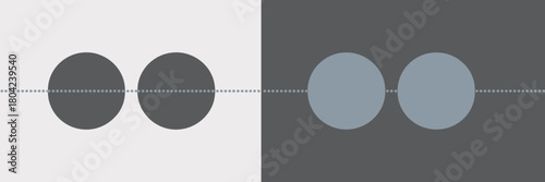 Two circles on contrasting backgrounds separated by a dotted line in a simple abstract design