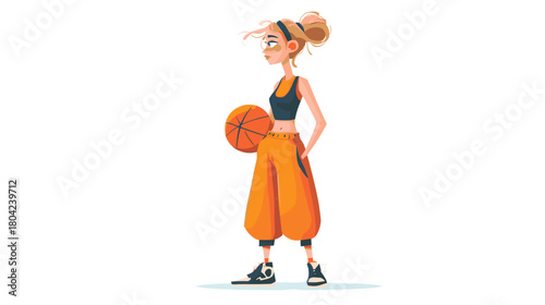 Young Female Athlete Dribbling Basketball with Determination in a Colorful Cartoon Style