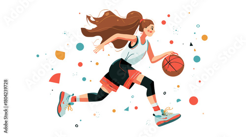 Young Female Athlete Dribbling Basketball with Determination in a Colorful Cartoon Style