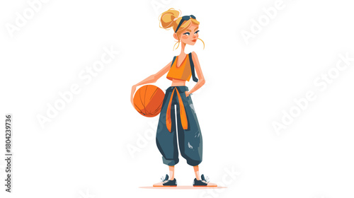 Young Female Athlete Dribbling Basketball with Determination in a Colorful Cartoon Style