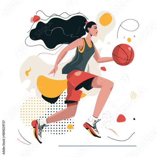 Young Female Athlete Dribbling Basketball with Determination in a Colorful Cartoon Style