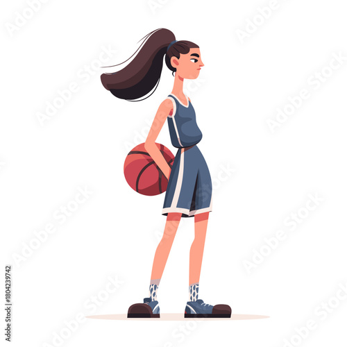 Young Female Athlete Dribbling Basketball with Determination in a Colorful Cartoon Style