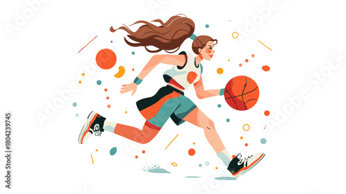 Young Female Athlete Dribbling Basketball with Determination in a Colorful Cartoon Style