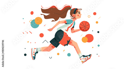 Young Female Athlete Dribbling Basketball with Determination in a Colorful Cartoon Style