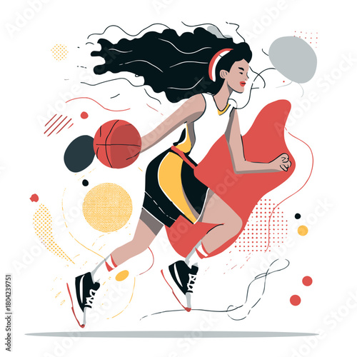 Young Female Athlete Dribbling Basketball with Determination in a Colorful Cartoon Style