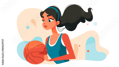 Young Female Athlete Dribbling Basketball with Determination in a Colorful Cartoon Style