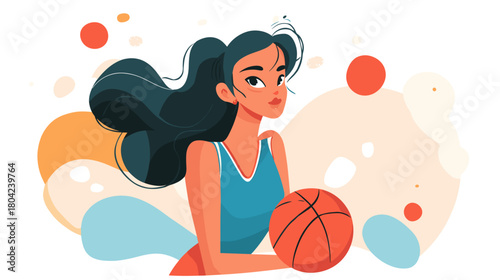 Young Female Athlete Dribbling Basketball with Determination in a Colorful Cartoon Style