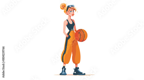 Young Female Athlete Dribbling Basketball with Determination in a Colorful Cartoon Style
