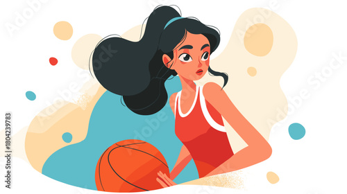 Young Female Athlete Dribbling Basketball with Determination in a Colorful Cartoon Style
