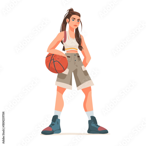 Young Female Athlete Dribbling Basketball with Determination in a Colorful Cartoon Style