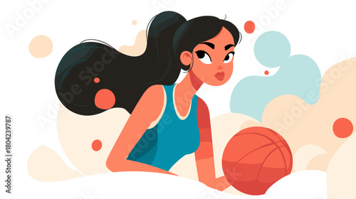 Young Female Athlete Dribbling Basketball with Determination in a Colorful Cartoon Style