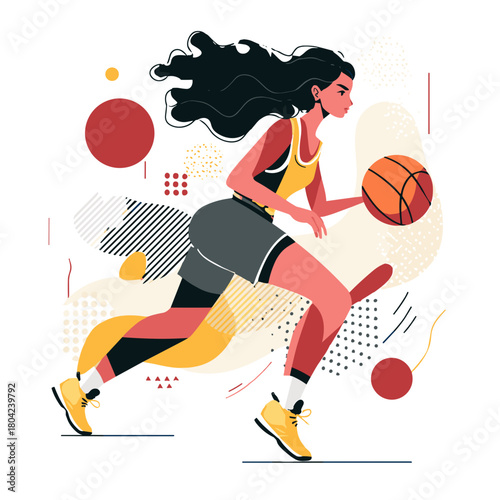 Young Female Athlete Dribbling Basketball with Determination in a Colorful Cartoon Style