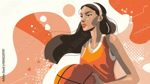 Young Female Athlete Dribbling Basketball with Determination in a Colorful Cartoon Style