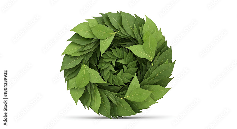 Obraz premium A vibrant green wreath crafted from fresh organic leaves arranged in a circular natural pattern on a white background