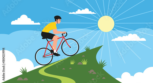Energized cyclist conquering a scenic hilltop trail on a sunny day with vibrant blue sky and puffy clouds for fitness and adventure visuals
