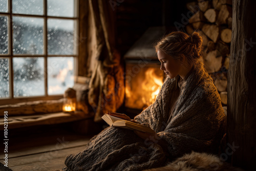 woman reading by candlelight in cozy winter cabin