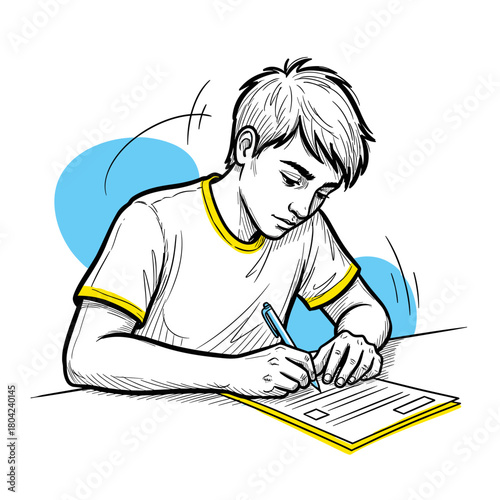 Young boy filling out college admissions form while studying at desk  