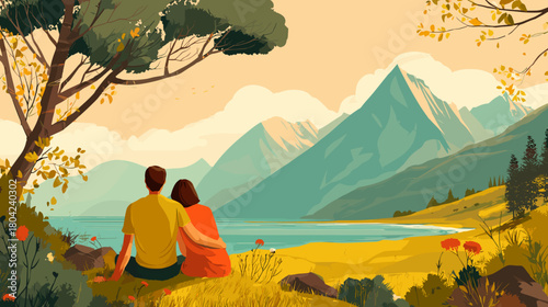 Romantic Couple Enjoying a Peaceful Moment by the Mountain Lake