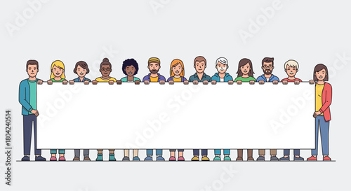 Diverse team holding blank banner for your message, modern flat design for advertising, marketing, or social campaigns, vibrant and inclusive