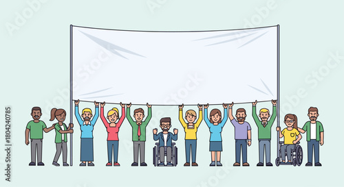 Diverse group of people holding blank banner together for your message, ideal for social campaigns and business announcements now