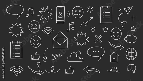 Hand-Drawn Doodle Icons Vector Set – Communication, UI Symbols, Emotions & Elements