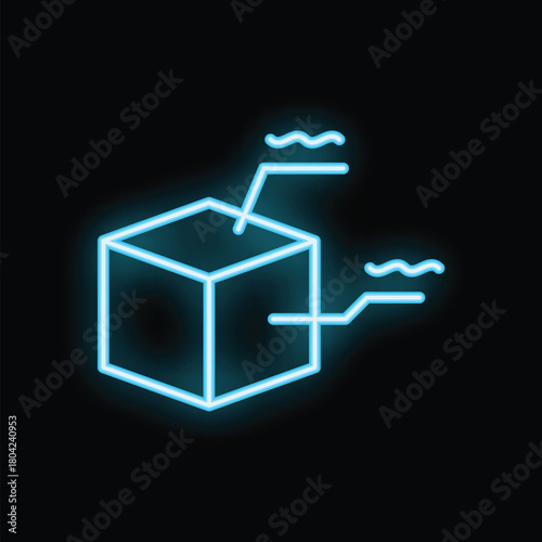 Glowing blue neon icon representing a decentralized blockchain network with a cube and connecting lines on a black background