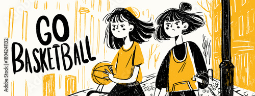 hand drawn illustration go basketball with girls and ball banner vector 