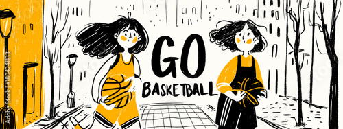hand drawn illustration go basketball with girls and ball banner vector 