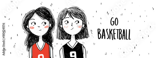 hand drawn illustration go basketball with girls and ball banner vector 