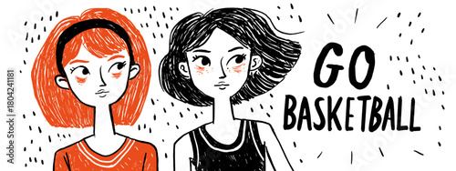 hand drawn illustration go basketball with girls and ball banner vector 