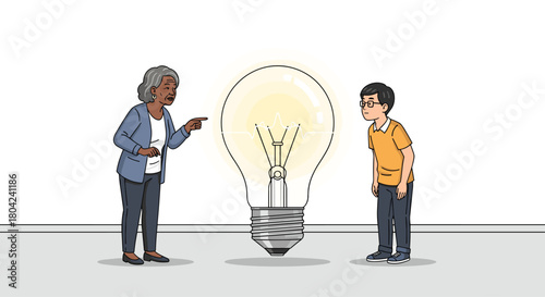 Woman inspiring young man with brilliant idea represented by lightbulb innovation and creative thinking, fostering mentorship and guidance