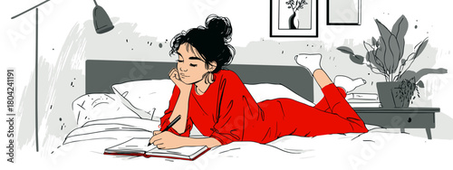 young woman with a book chilling a room cozy vibes vector 