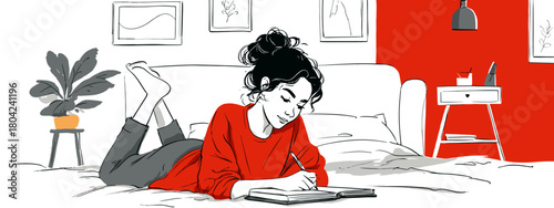 young woman with a book chilling a room cozy vibes vector 