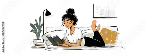 young woman with a book chilling a room cozy vibes vector 