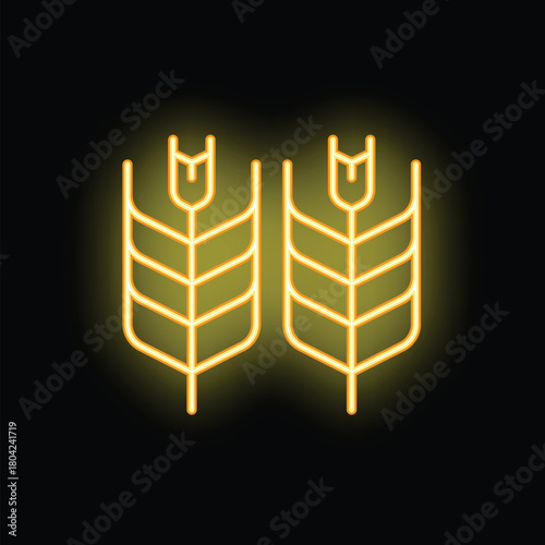 Yellow neon icon of two wheat stalks glowing on black background