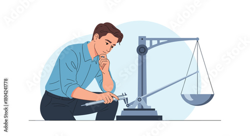 Contemplative engineer meticulously calibrating precision scale with caliper for optimal performance in advanced industrial engineering process
