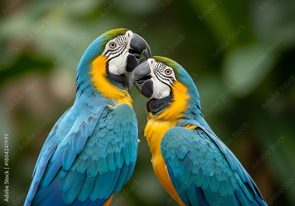 Fototapeta premium Two stunning blue and gold macaws with vibrant plumage nuzzle each other affectionately in a lush green natural environment, symbolizing love and companionship