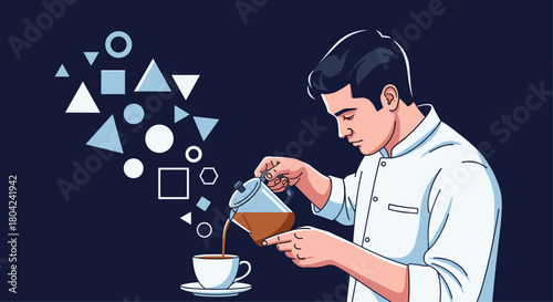 Relaxing moment with freshly brewed coffee, pouring it into a cup, a simple pleasure for a comforting break, abstract geometric shapes nearby