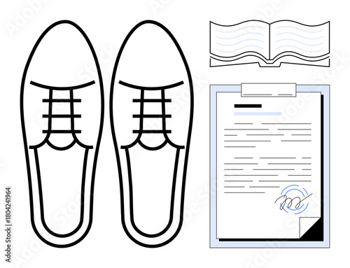 Pair of formal shoes, signed document on clipboard, and open book. Ideal for business, professionalism, contract, agreement, documentation education law. Simple flat metaphor