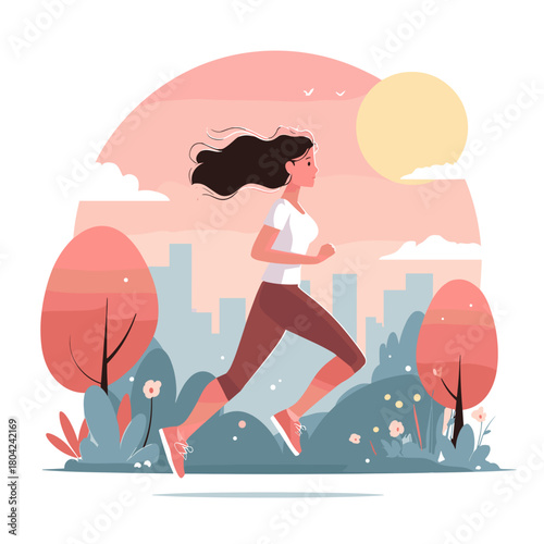 woman doing fitness exercise and street running flat style vector illustration sportstyle 