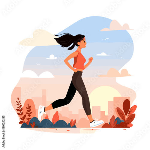 woman doing fitness exercise and street running flat style vector illustration sportstyle 