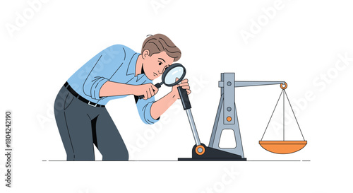 Meticulous man inspecting legal scales with magnifying glass, symbolizing fairness and detail-oriented analysis in business and legal matters