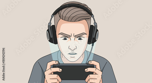 Intense young gamer engrossed in mobile gameplay with focused expression and headphones, perfect for esports, streaming, and tech marketing