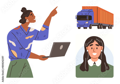 Woman holding laptop and gesturing upwards, orange freight truck, smiling female avatar. Ideal for logistics, delivery, technology, teamwork, communication, business coordination freight planning