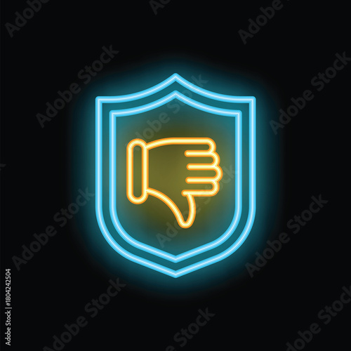 Neon shield protecting thumbs down dislike symbol, concept of negative feedback protection