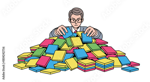 Frustrated businessman overwhelmed with sticky notes needing organization and prioritization for productive workflow in deadline driven project